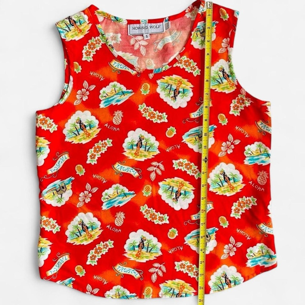 Vintage Howard Wolf Rayon Tropical Red Aloha Hawaiian Hula Dancer Tank Top - Picture 4 of 5